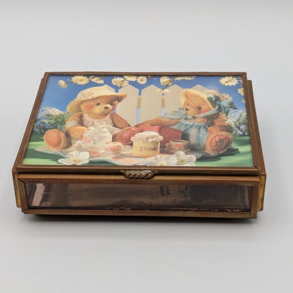Cherished Teddies Trinket Box Glass Mirror Brass 4" x 3" x 1" - Picture 2 of 13